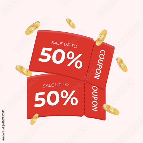 3D voucher. Tear-off coupon with coins. 50% discount. Sticker with a discount and floating money. 