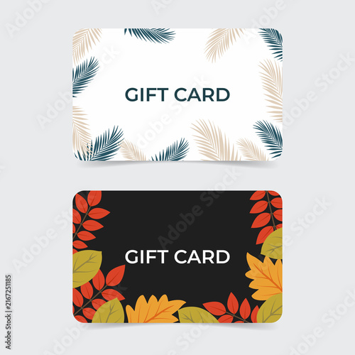 Gift card design template with autumn and palm leaves isolated on a white background. 