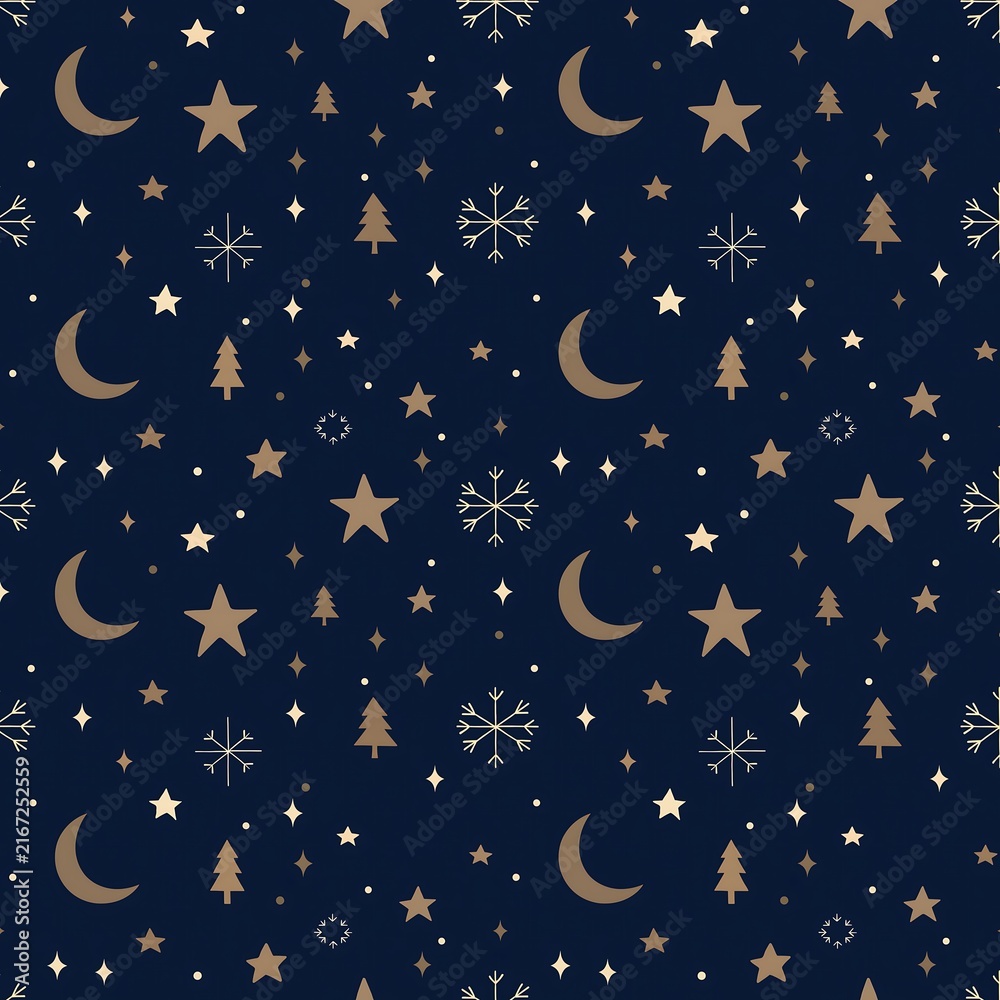 Fototapeta premium Christmas Night Sky Seamless Pattern with Stars and Snowflakes