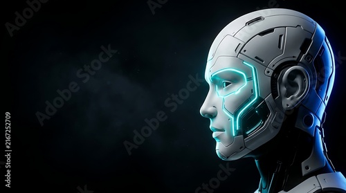 Profile view of a futuristic android robot head with glowing blue neon circuitry on a dark background