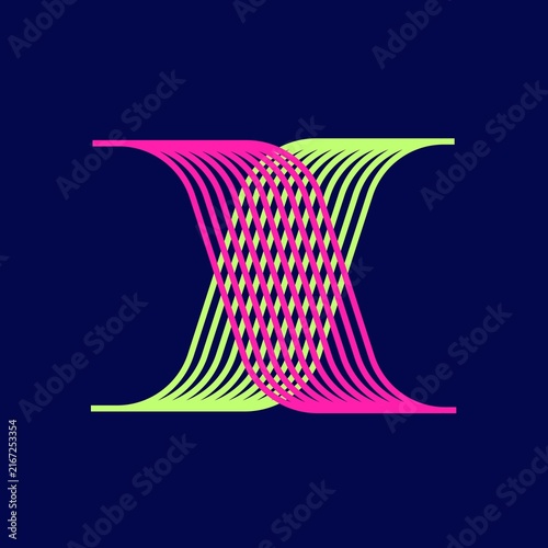 Intertwined Curved Line Pattern in Neon Pink and Lime Green on a Dark Navy Background, Abstract Motion and Flow Concept