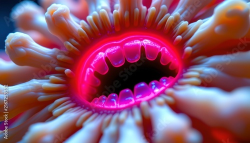 The image depicts a close up view of a brightly colored underwater organism, likely a type of coral or sea anemone
