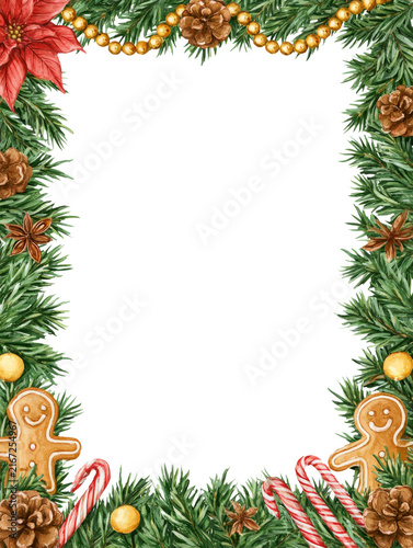 Vertical Christmas Frame with Evergreen Poinsettia and Candy Canes