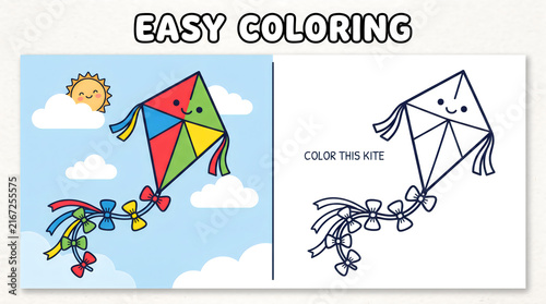 Kite coloring page for kids with colorful example and line art outline for drawing practice.