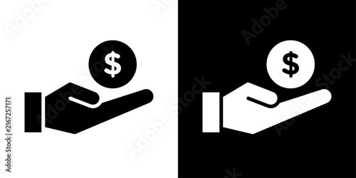 Minimal hand and dollar coin icons in contrasting black and white styles, representing financial support, payment, investment, income, donations, and money management.
