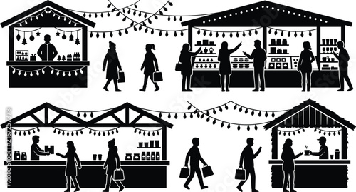 Christmas holiday winter market fair vector silhouette set featuring illuminated shopping stalls festive string lights vendor kiosks and walking customers