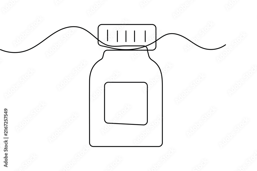 Obraz premium Pill jar line art depicting a medicine container with blank label in single line drawing vector with editable stroke.