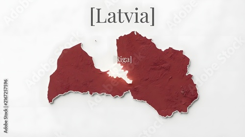 Red map of latvia with the capital city riga labeled on a clean simple design