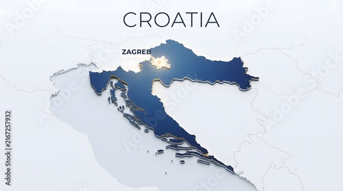 3d map of croatia with zagreb capital city location highlighted in a modern design style