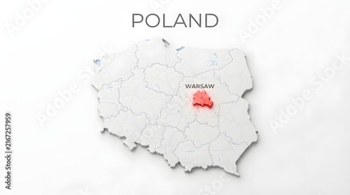 Map of poland with the capital city warsaw highlighted in red on a simple light gray background