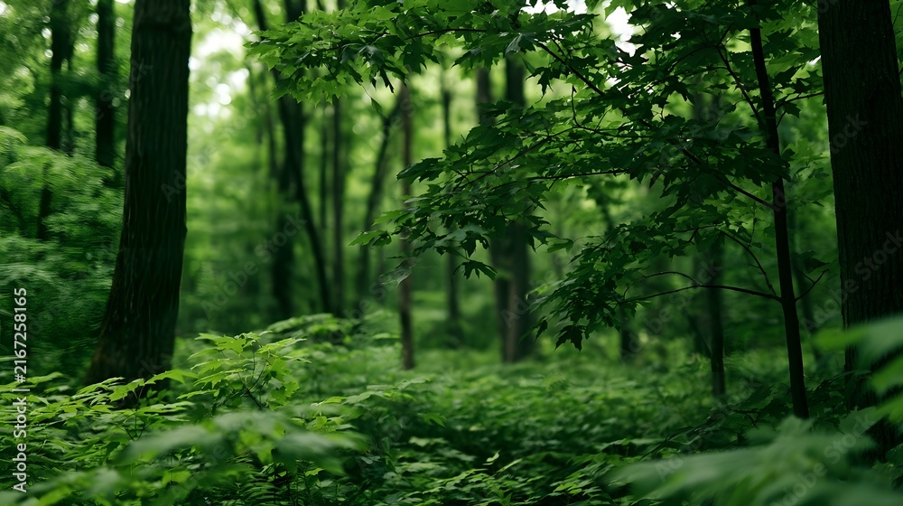 Fototapeta premium A lush green forest with tall trees and dense foliage creating a serene and immersive natural environment