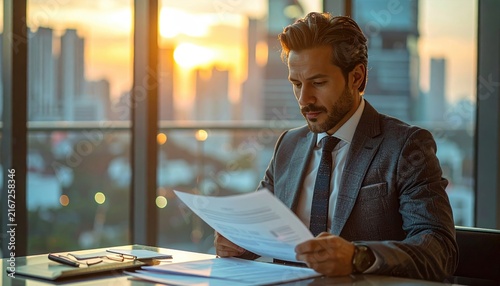 Business executive reviewing documents in premium office, corporate success atmosphere