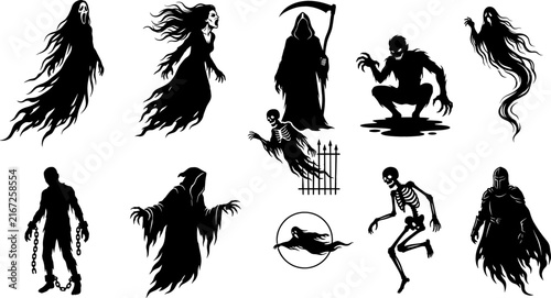 Halloween Horror Monster Silhouette Icon Set with Ghost Grim Reaper Skeleton Zombie Phantom and Banshee Symbols for Spooky Graphic Designs