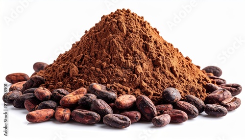 Cocoa powder with roasted cocoa beans isolated on white background, gourmet baking ingredient photography