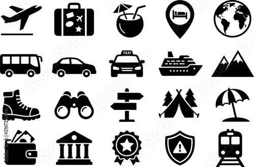Travel and Tourism Silhouette Icon Set with Airplane Suitcase Passport Hotel Pin Cruise Ship Tent Map and Beach Symbols for Vacation Designs