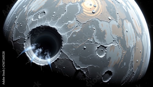 The image depicts a celestial body with a heavily cratered and fractured surface, featuring a dark, gaping hole emitting bright, energetic beams of light and energy
