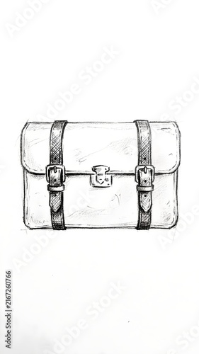  Pencil Sketch of a Classic Leather Satchel with Straps and Buckles — A clean, detailed pencil sketch depicts a vintage-style leather satchel centered against a plain white background; the bag feature