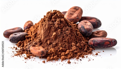 Cocoa powder with roasted cocoa beans isolated on white background, gourmet baking ingredient photography