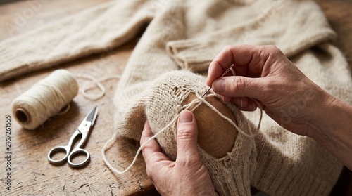 Naklejka Hands repair a wool sweater with darning thread