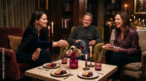 Guests linger over dessert in a candlelit salon