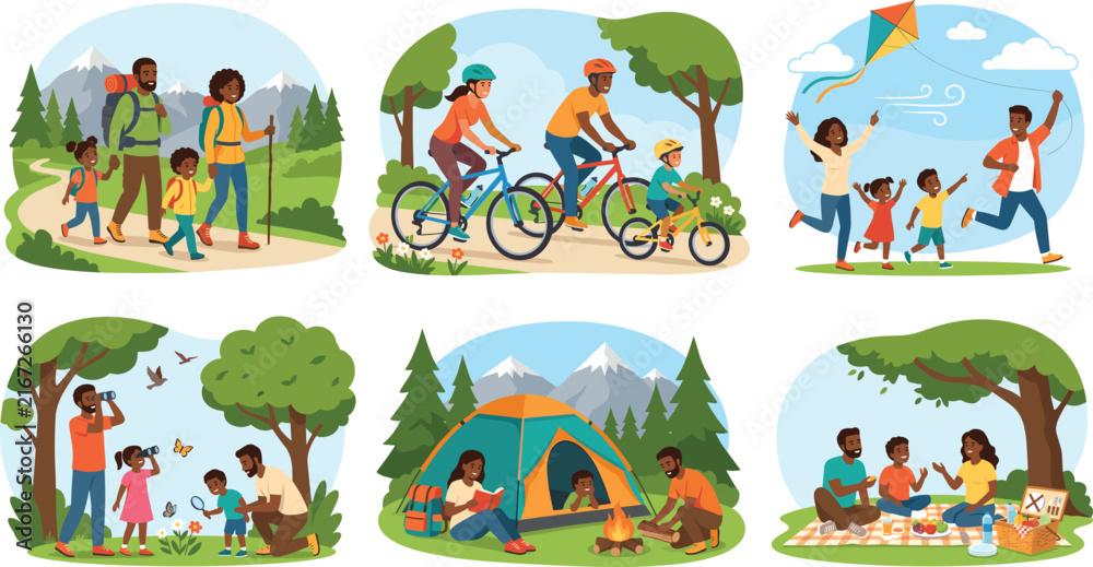 Naklejka premium Flat vector black family outdoor adventure illustration bundle showing parents children hiking cycling flying kite birdwatching camping picnic