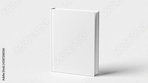 Professional minimalist commercial photography of a blank white hardcover book or softcover notebook standing upright at a slight backward angle on a clean white studio surface