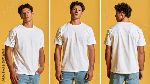 Three-panel commercial fashion photography of the same young adult male model wearing a plain white crew-neck short-sleeve t-shirt and light blue jeans