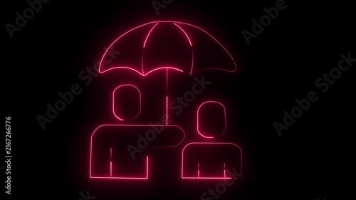 Person holding child under neon umbrella