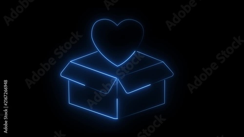 Blue neon heart coming out of gift box