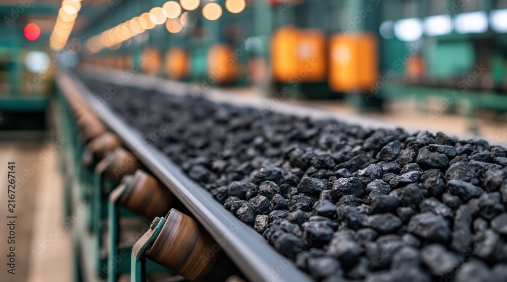 Fototapeta premium coal moving on conveyor belt in industrial facility