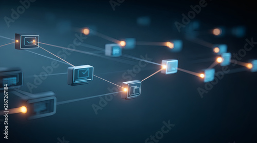 front view of several glowing floating nodes representing disparate business systems being pulled into a unified central core. Beams of white and deep blue light link the modules, signifying 