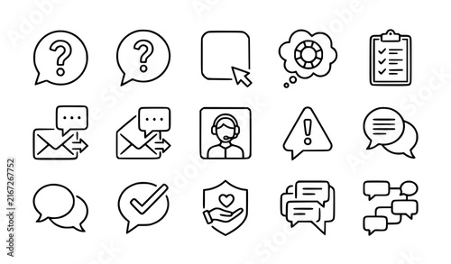FAQ Question and Help Bubble Editable Stroke Line Icon Set Featuring Customer Support, Inquiry, Questionnaire, Communication, and Assistance Symbols