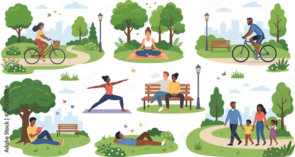 Fototapeta premium People relaxing and exercising in city park vector illustration set featuring cycling yoga meditation reading walking family and outdoor leisure activities