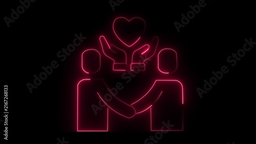 Neon heart with hands holding gift box