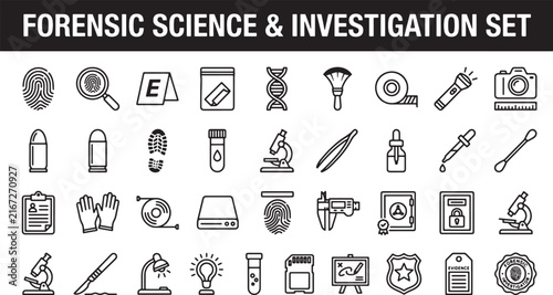 Forensic science and criminal investigation line icon set featuring laboratory equipment and evidence collection tools