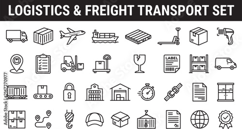 Logistics and freight transport icon set featuring shipping delivery and warehouse supply chain management line art symbols
