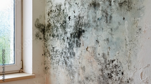 Black and green mold growth on indoor wall near window with condensation