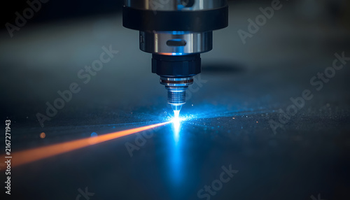 Laser cutting machine in operation with bright blue light effect