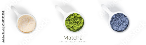Canvastavla Matcha powdered tea isolated on white background.