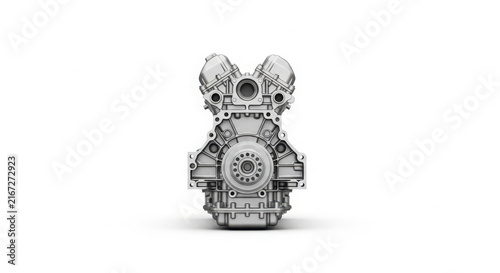 Powerful silver v-twin engine isolated on plain white background showcasing intricate industrial metal engineering details for modern automotive vehicle design projects