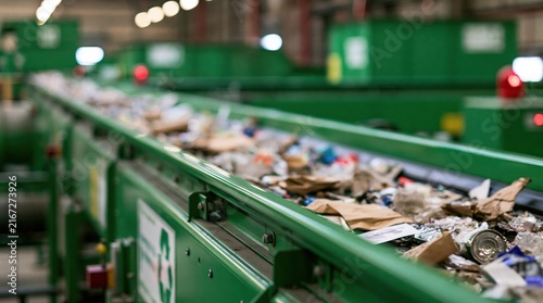 Conveyor belt carrying mixed waste in recycling facility