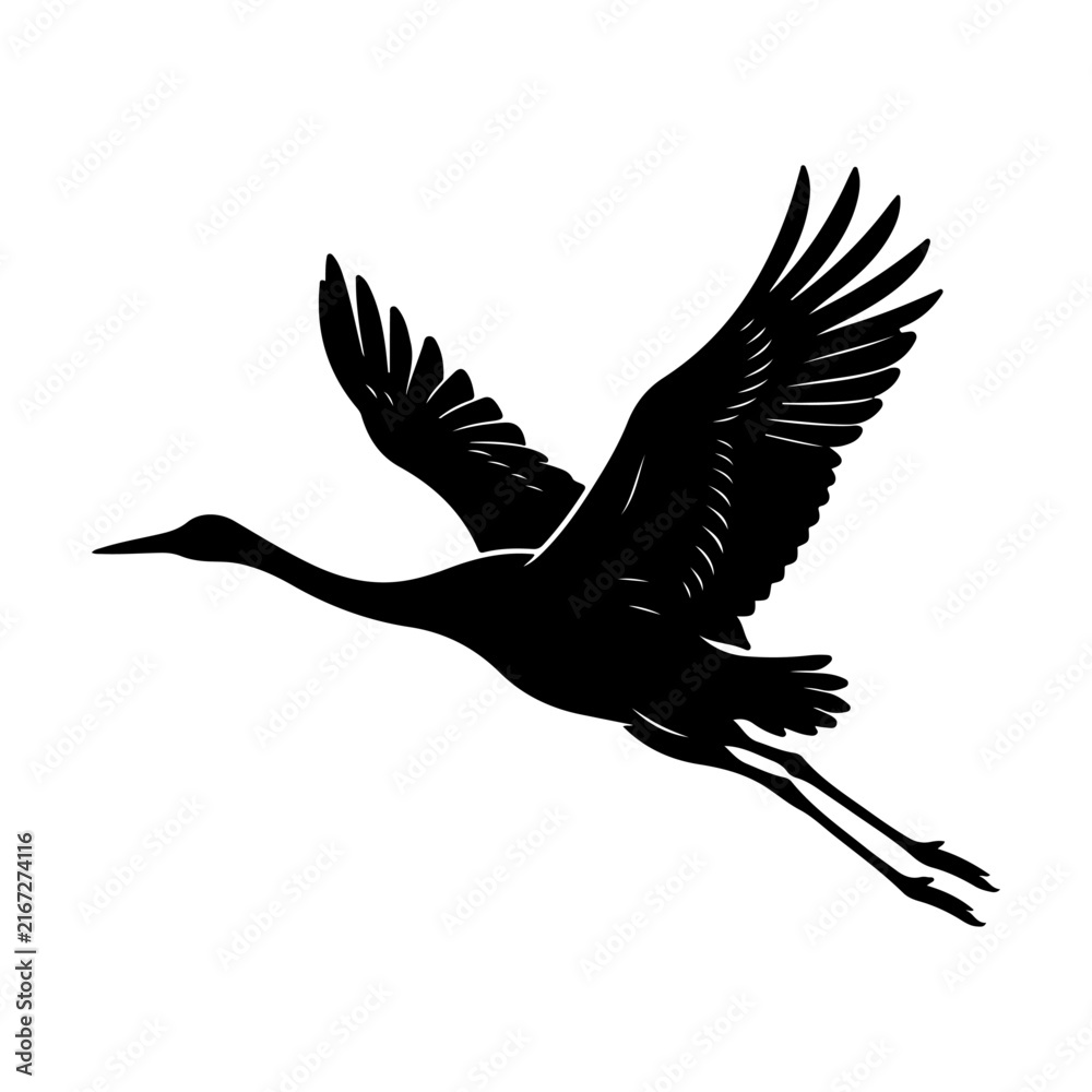 Naklejka premium Crane Bird Silhouette Flying with Long Legs and Wide-Spread Wings