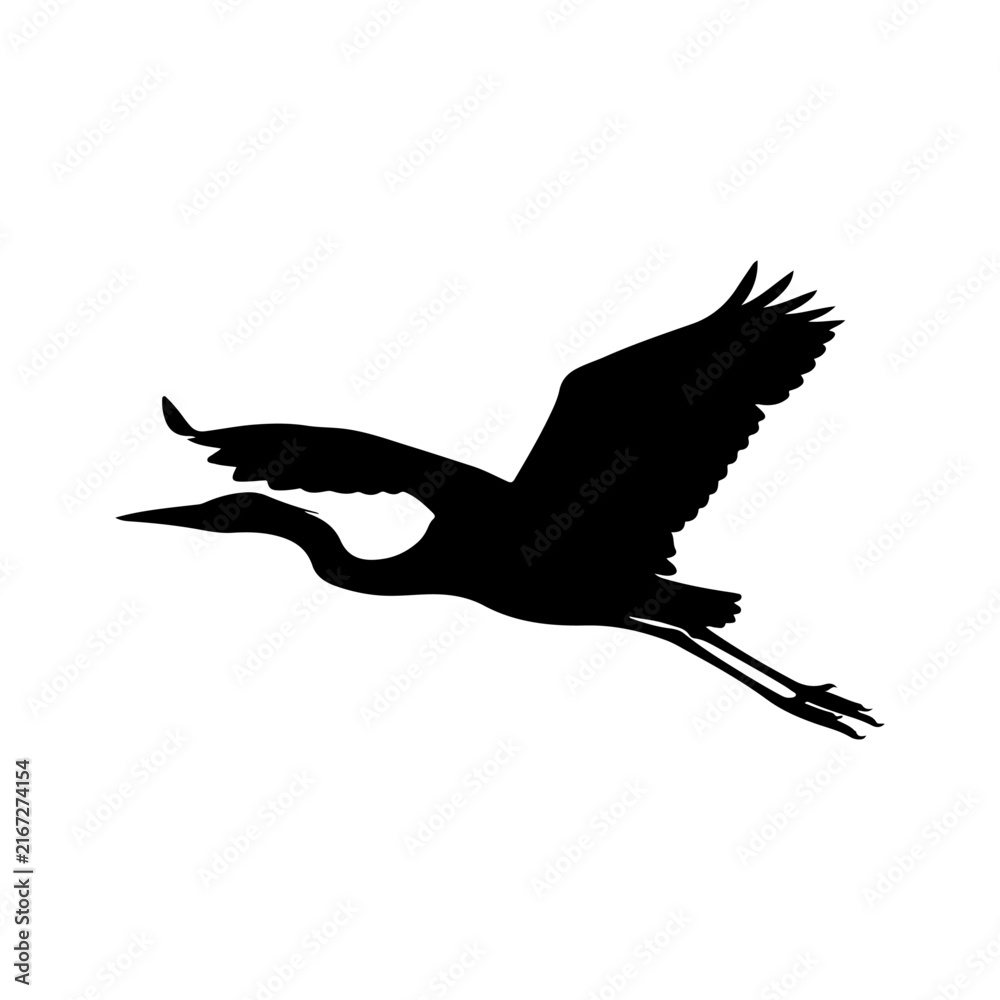 Naklejka premium Elegant Crane Bird Silhouette Flying with Long Neck and Extended Wings