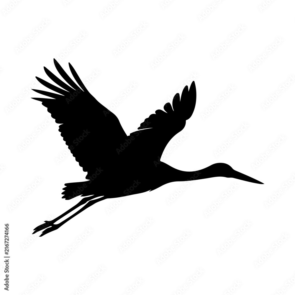 Naklejka premium Flying Crane Bird Silhouette with Extended Neck and Wings Isolated