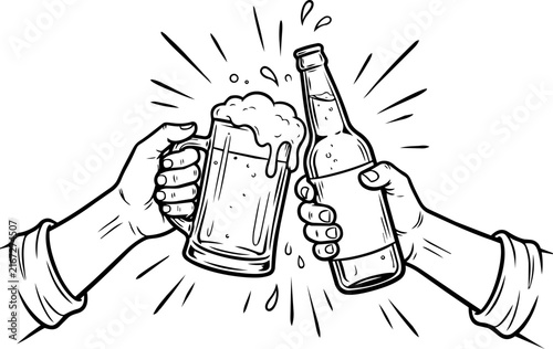 Bild auf Leinwand Beer toast with hands holding a glass mug and a bottle, vector illustration of celebration