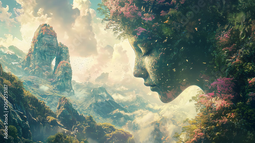 Ethereal landscape with a giant woman's face formed by nature  