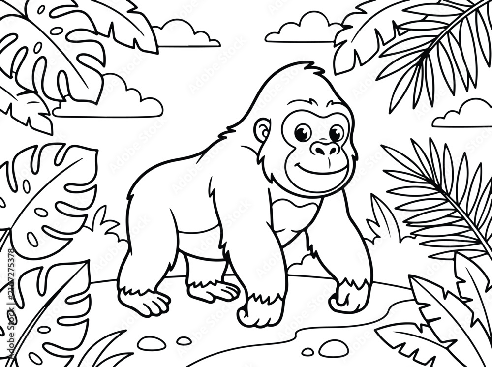 Obraz premium Cute gorilla in the jungle coloring page for kids