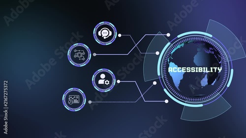 Modern tech accessibility background featuring digital world map, circuit nodes, and system access icons.