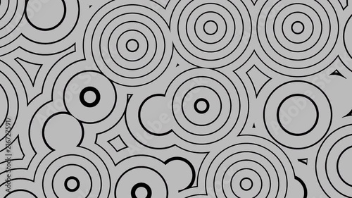 Gray concentric circles overlap black geometric shapes, creating intricate patterns. Suitable for abstract design projects or backgrounds with a modern aesthetic.