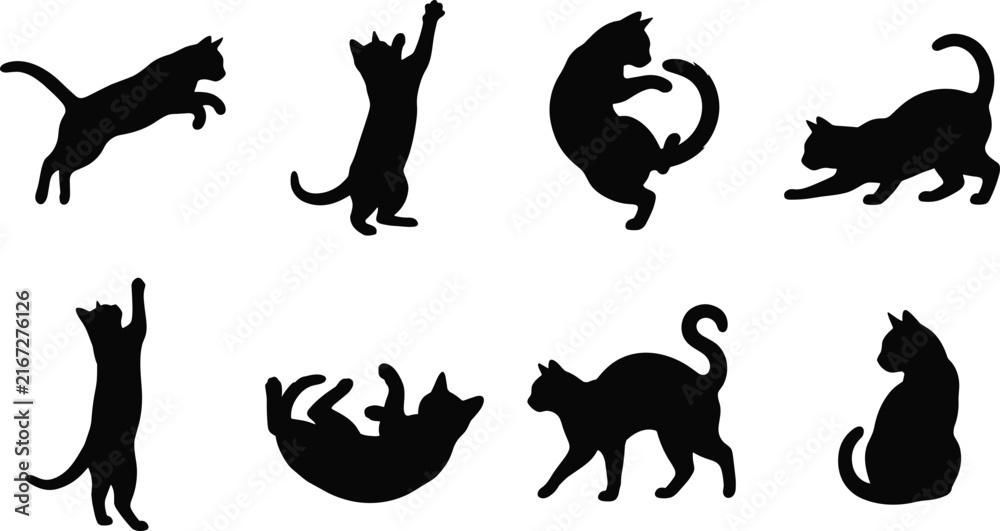 Obraz premium Playful Cats Silhouette Vector Collection with Jumping Stretching and Sitting Poses Isolated